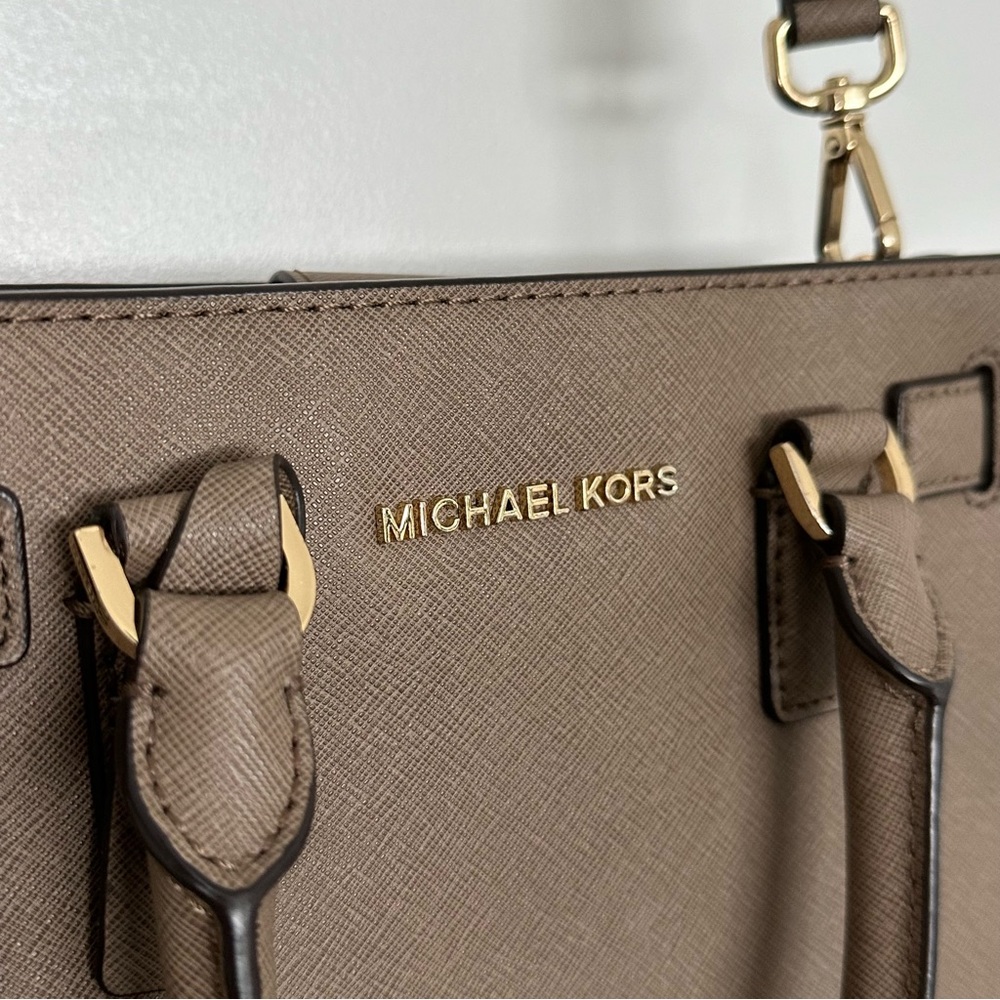 Michael Kors dillon dark Dune, small leather satchel taupe gold accents - Picture 4 of 10